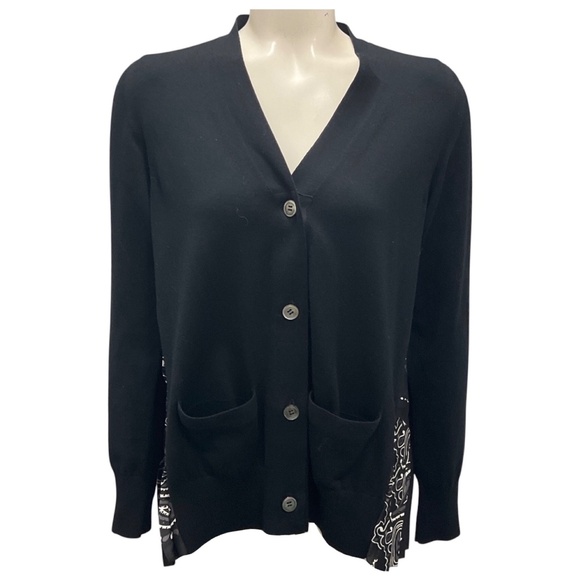 SACAI BLACK PLEATED BACK COTTON KNIT CARDIGAN SWEATER - Picture 1 of 4